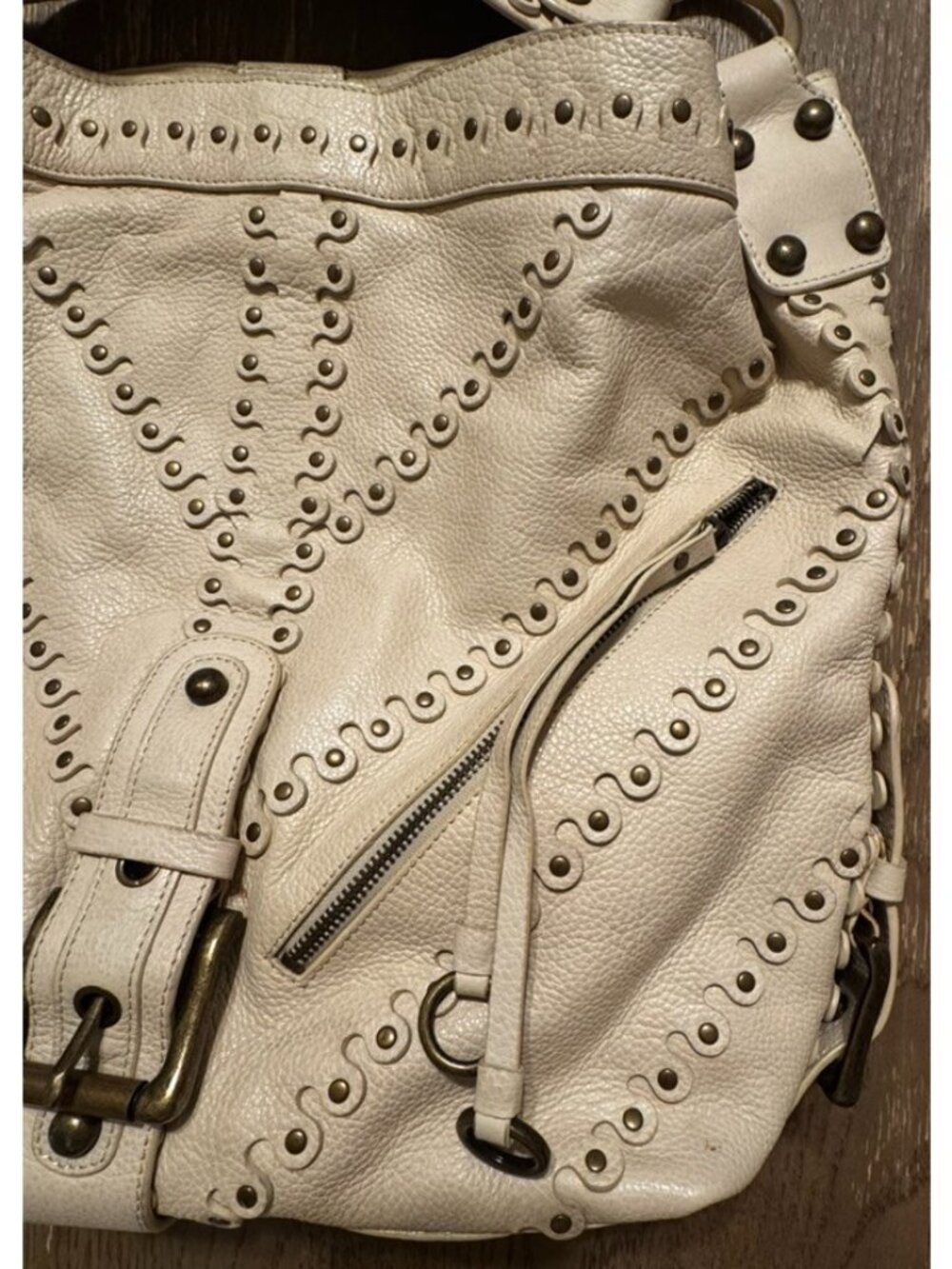 Vtg Besso Cream Italy Studded Leather Shoulder hobo Bag Y2K Western Boho Buckle - Picture 14 of 16
